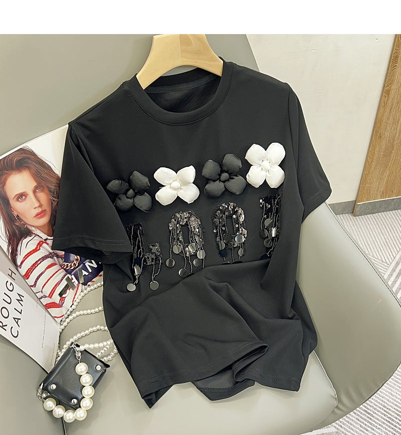 Design Sense Niche Three-Dimensional Flower Letter Sequined Tassel Round Neck Short Sleeve T-Shirt For Women