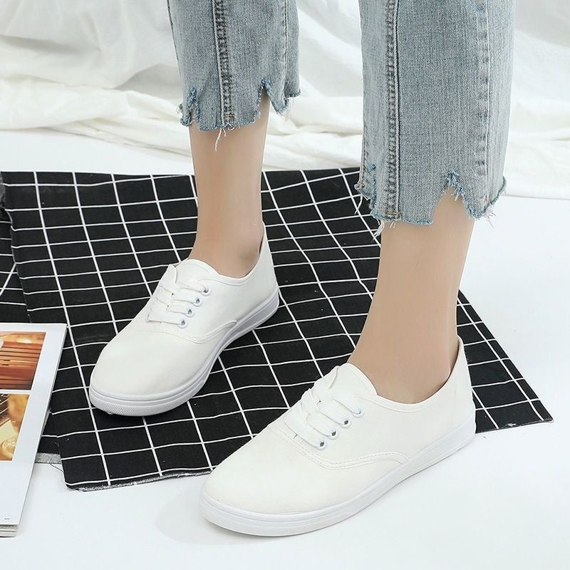 White Crane Crane Spring/Autumn Lace-Up Canvas Shoes Low-Top Casual Sneakers for Kids, Solid Color Korean Style