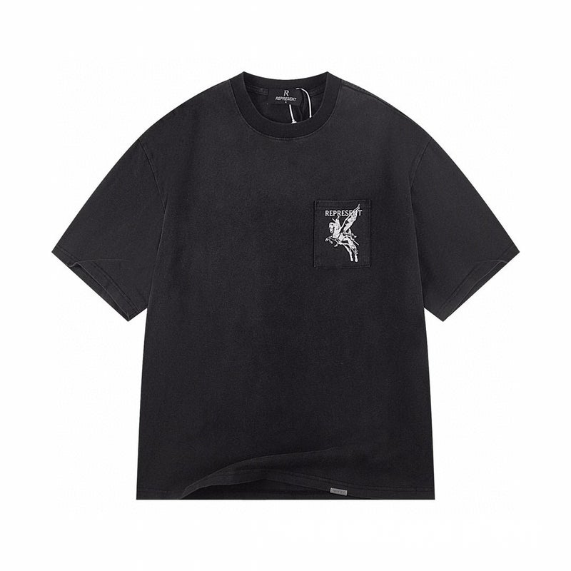 REPRESENT 25ss New Washed Vintage High Street Old VTG Mens and Womens Short Sleeve Pegasus Photo T-Shirt Half Sleeve 870 washed black