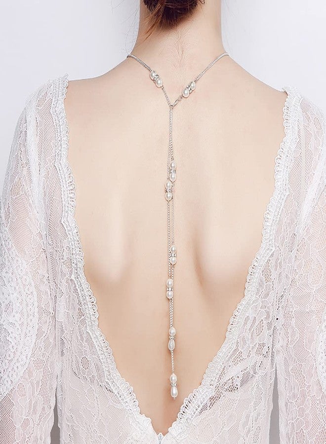Asphire Vintage Bridal Pearl Back Chain Necklace Long Pendant Lariat Y Necklace Crystal Pearl 1920s Costume Wedding Accessories for Women - Image 2