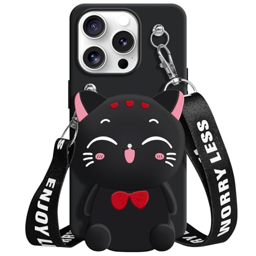 SGVAHY Wallet Case for iPhone 16 Pro Max with Strap Lanyard Cute Cat Black Coin Purse Funny Phone Case Kawaii Soft Silicone Shockproof Cover for Women Girls - Image 1
