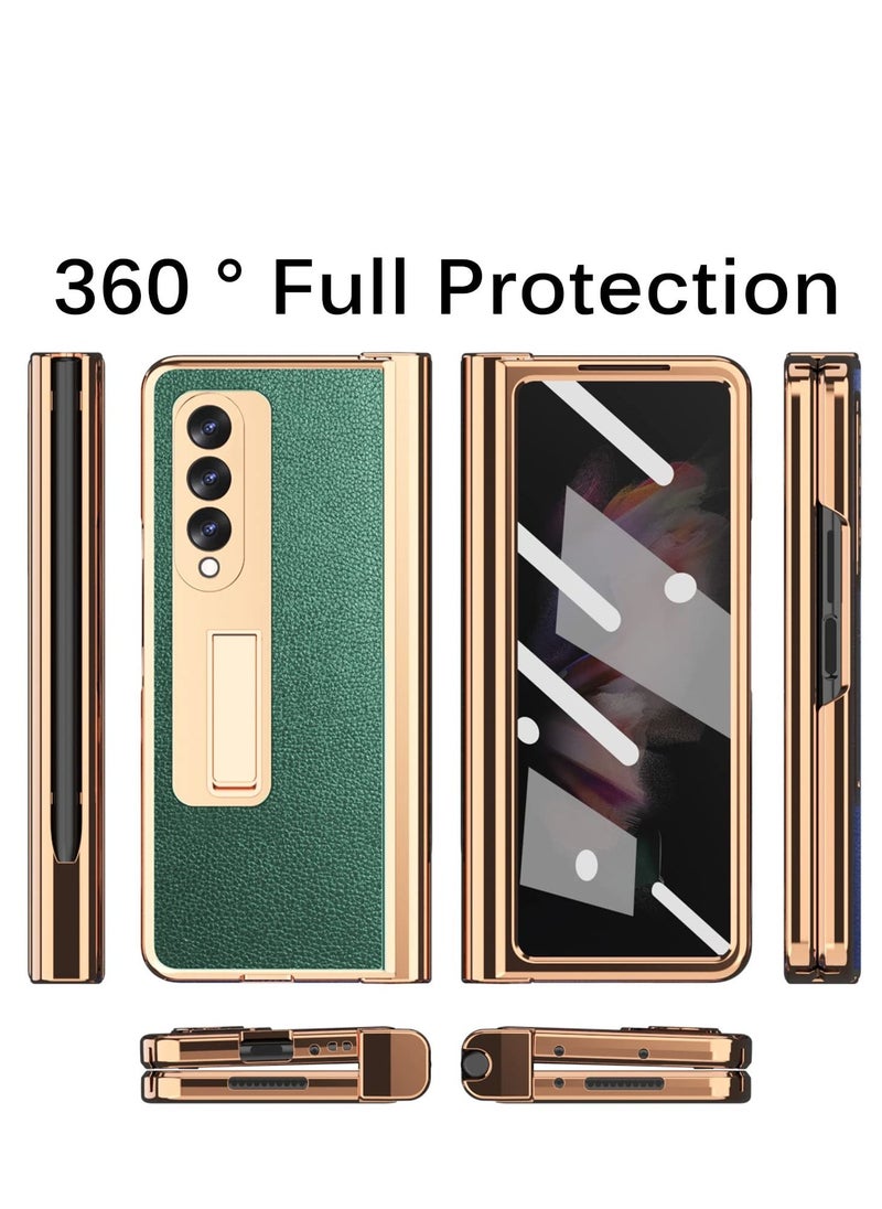Generic Samsung Galaxy Z Fold 3 Case with Pen Holder, Back with bracket Leather Pattern Tempered Glass Screen Protector Plating All-Inclusive Hinge Protective Cover(Green)  - Image 4