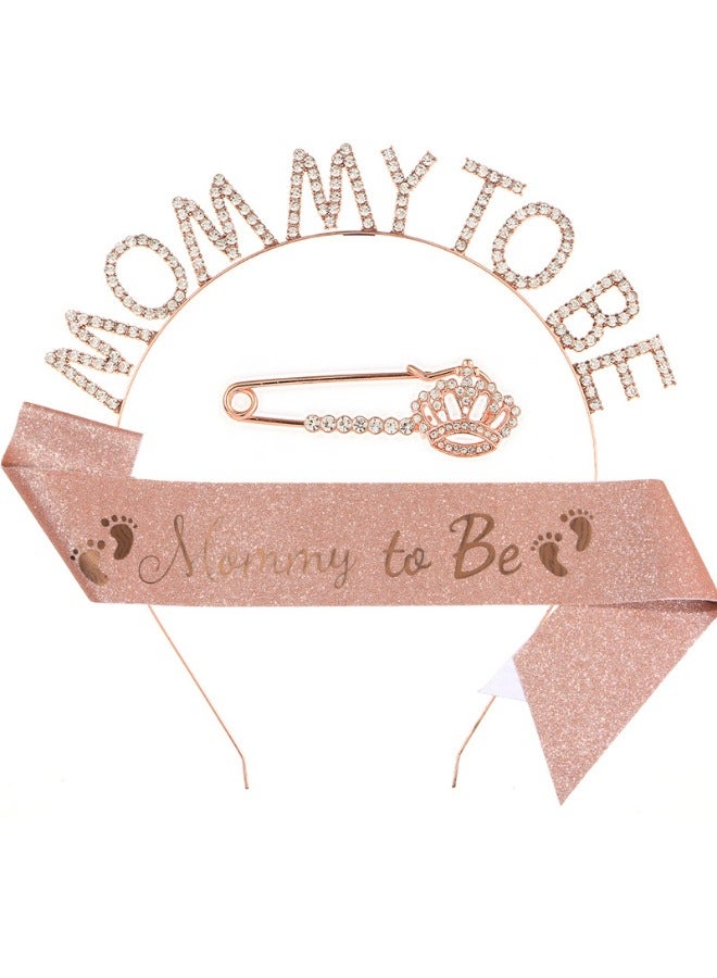3-Piece Mommy to be Sash & Headband & Brooch Set, Mom to be Baby Shower Party Decorations, Mommy to be Crown/Sash/Pin, Maternity Gift for Her, for Gender Reveal and Baby Showers, Rose Gold - Image 1