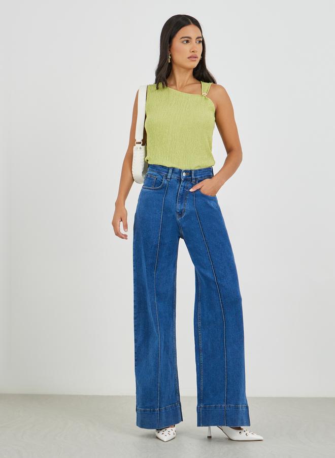 Styli Solid Wide Leg Jeans with Pintuck Detail - Image 1