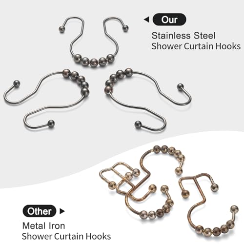 Goowin Shower Curtain Hooks, 12 Pcs Shower Curtain Rings, Stainless Steel Bronze Shower Curtain Hooks Rings Rust Proof, Balance Sliding Anti-Drop Double Shower Hooks for Shower Curtain Rod (Bronze) - Image 2