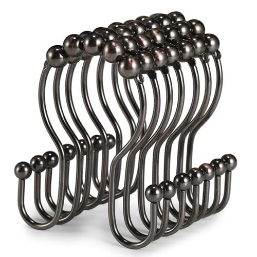 Goowin Shower Curtain Hooks, 12 Pcs Shower Curtain Rings, Stainless Steel Bronze Shower Curtain Hooks Rings Rust Proof, Balance Sliding Anti-Drop Double Shower Hooks for Shower Curtain Rod (Bronze) - Image 1