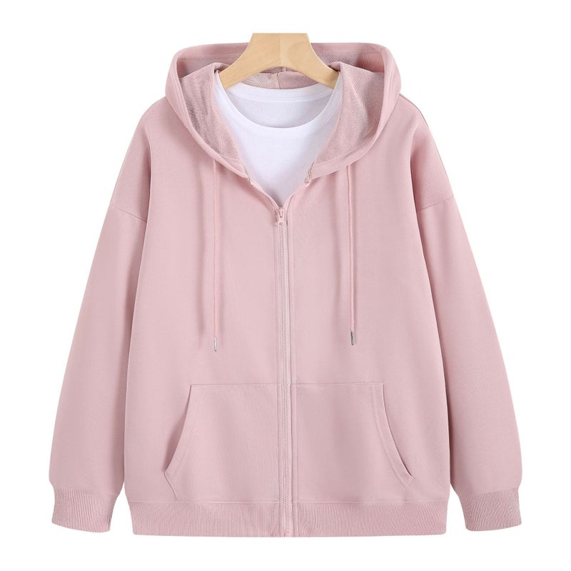 New sweater custom loose drop shoulder solid color couple coat mens hooded zipper pullover blank printed logo Lotus Pink 