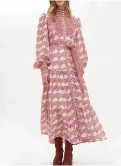 Madam Uniq Vintage Maple Leaf Print Button-Up Loose Tie Waist Casual Holiday Maxi Dress  - Image 1