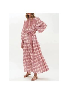 Madam Uniq Vintage Maple Leaf Print Button-Up Loose Tie Waist Casual Holiday Maxi Dress  - Image 3