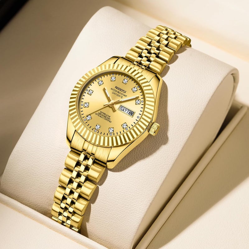 NIBOSI Women's Analog Quartz Waterproof Diamond Wrist Watch with Day-Date - Gold Stainless Steel - Image 3
