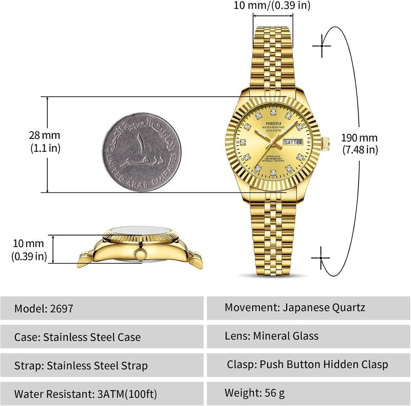 NIBOSI Women's Analog Quartz Waterproof Diamond Wrist Watch with Day-Date - Gold Stainless Steel - Image 2