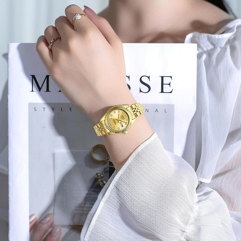 NIBOSI Women's Analog Quartz Waterproof Diamond Wrist Watch with Day-Date - Gold Stainless Steel - Image 5
