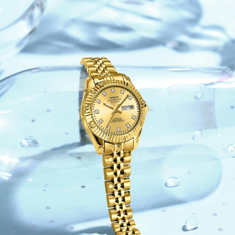 NIBOSI Women's Analog Quartz Waterproof Diamond Wrist Watch with Day-Date - Gold Stainless Steel - Image 4