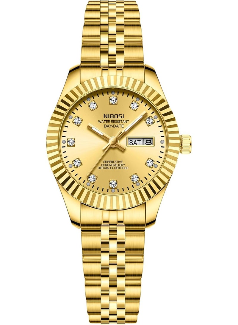 NIBOSI Women's Analog Quartz Waterproof Diamond Wrist Watch with Day-Date - Gold Stainless Steel - Image 1
