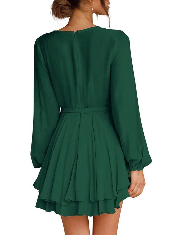 Cosonsen Womens Casual Dresses V-Neck Long Sleeve Tie Waist Flare Short Swing Dress Green XL - Image 3