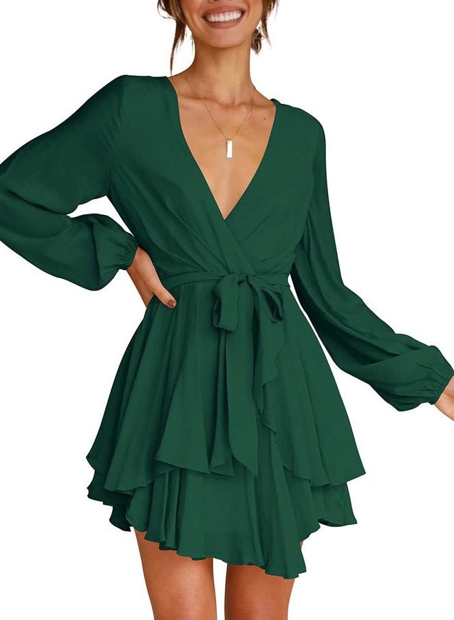 Cosonsen Womens Casual Dresses V-Neck Long Sleeve Tie Waist Flare Short Swing Dress Green XL - Image 4