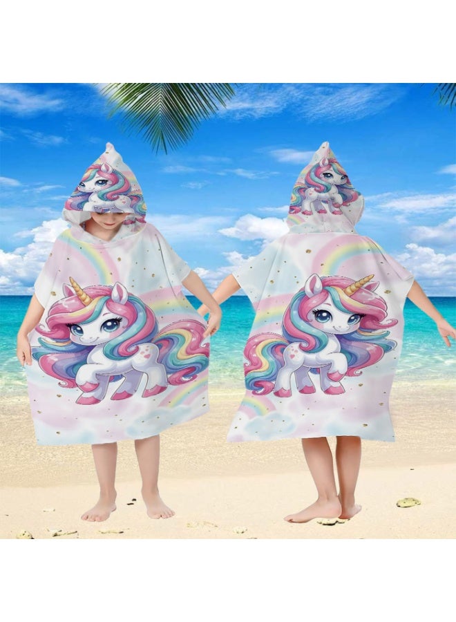 Pink White Base Full Printed Unicorn with Rainbow Gold Glitter Kids Hooded Bath Poncho, Polyester Lint-Free Quick Dry Absorbent Towel Wrap, Multifunctional Loose Cover Up for Kids Beach, Swimming Pool, Water Park and Daily Shower - Image 3