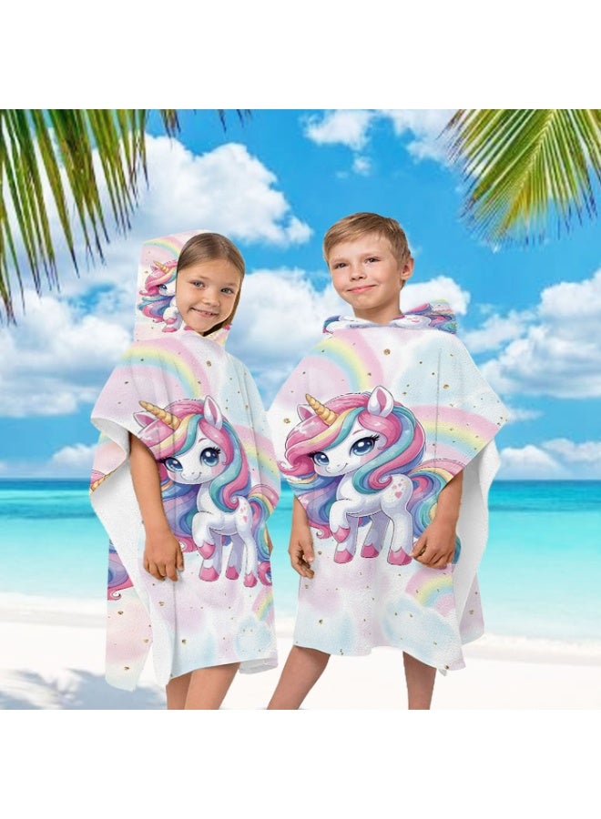 Pink White Base Full Printed Unicorn with Rainbow Gold Glitter Kids Hooded Bath Poncho, Polyester Lint-Free Quick Dry Absorbent Towel Wrap, Multifunctional Loose Cover Up for Kids Beach, Swimming Pool, Water Park and Daily Shower - Image 1