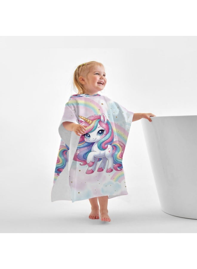 Pink White Base Full Printed Unicorn with Rainbow Gold Glitter Kids Hooded Bath Poncho, Polyester Lint-Free Quick Dry Absorbent Towel Wrap, Multifunctional Loose Cover Up for Kids Beach, Swimming Pool, Water Park and Daily Shower - Image 2