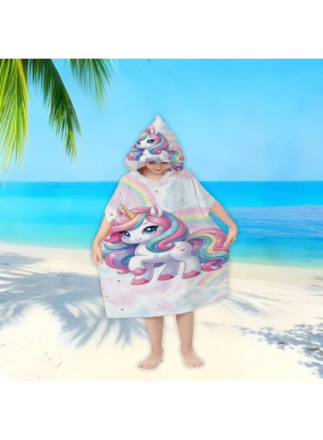 Pink White Base Full Printed Unicorn with Rainbow Gold Glitter Kids Hooded Bath Poncho, Polyester Lint-Free Quick Dry Absorbent Towel Wrap, Multifunctional Loose Cover Up for Kids Beach, Swimming Pool, Water Park and Daily Shower - Image 4