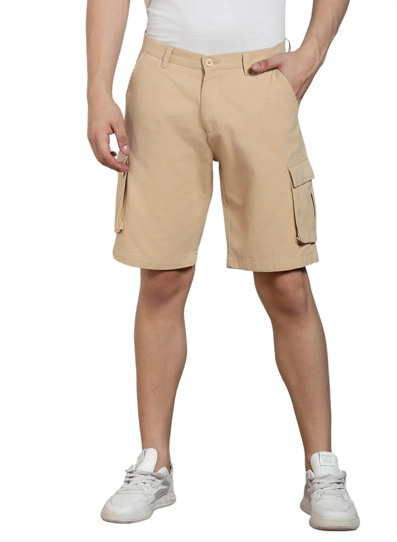 دينيس لينغو Men's Light Khaki 100% Cotton Solid Pattern Above Knee Length Casual Relaxed Shorts