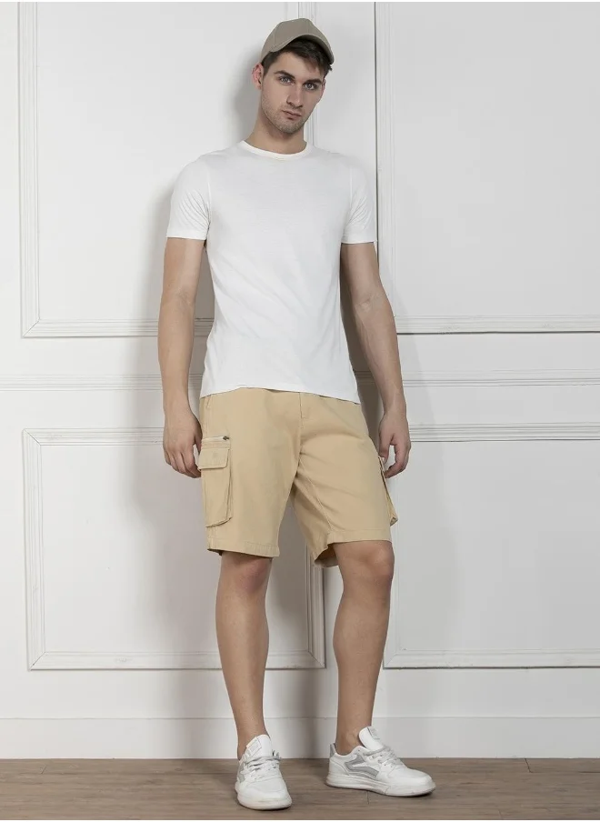 Dennis Lingo Light Khaki Relaxed Fit Solid Shorts for Men - 100% Cotton, Above Knee Length, Button & Zip, Casual