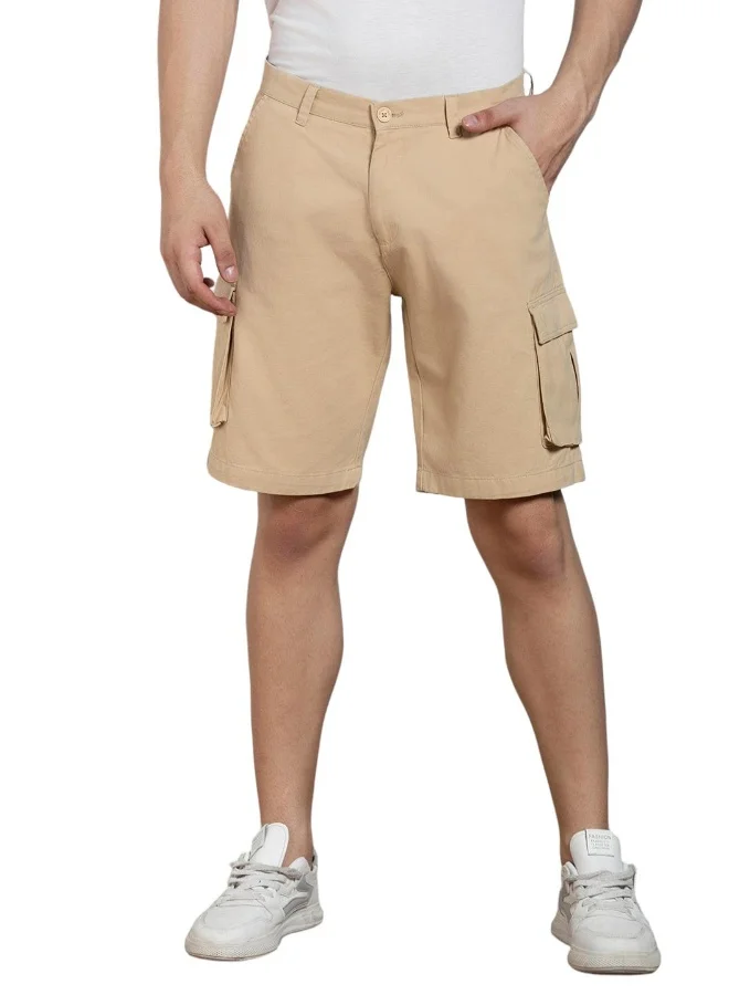 دينيس لينغو Men's Light Khaki 100% Cotton Solid Pattern Above Knee Length Casual Relaxed Shorts