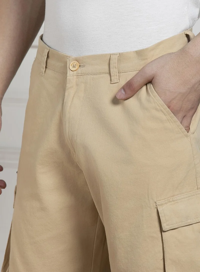 دينيس لينغو Men's Light Khaki 100% Cotton Solid Pattern Above Knee Length Casual Relaxed Shorts