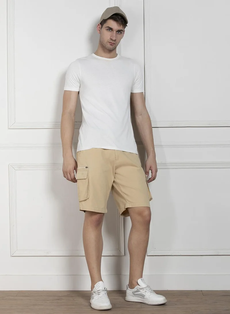 دينيس لينغو Men's Light Khaki 100% Cotton Solid Pattern Above Knee Length Casual Relaxed Shorts