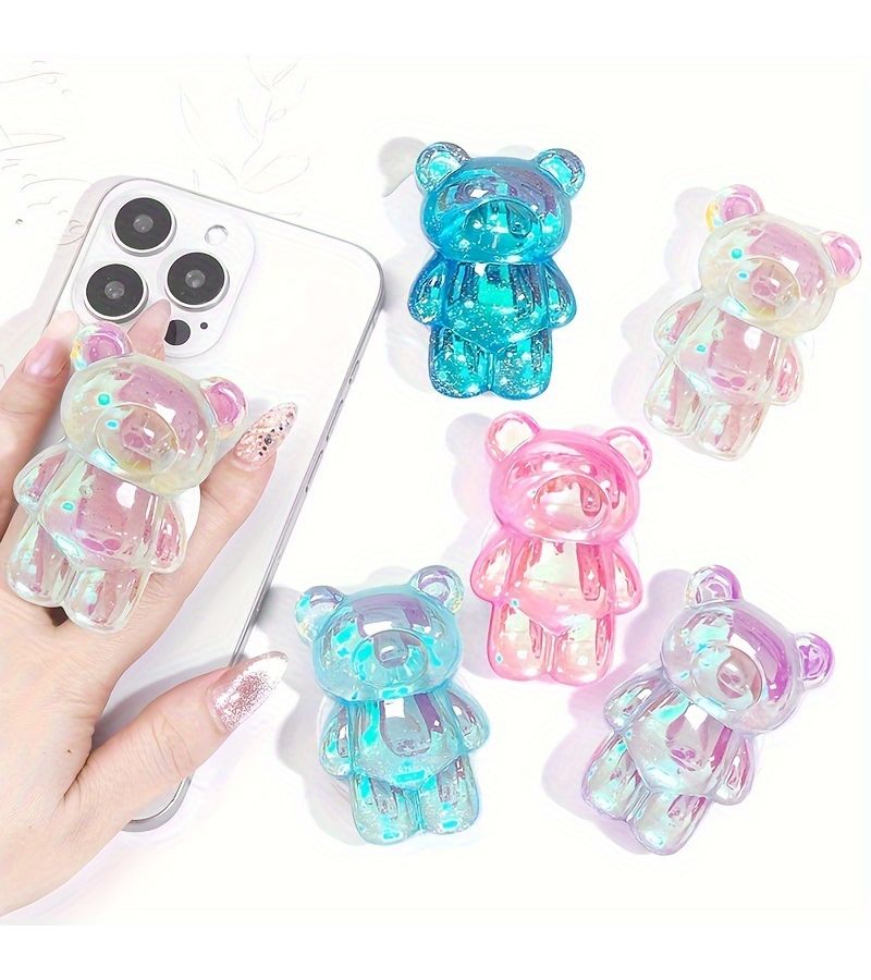 1pc Pink Bear 3D Laser Glitter Phone Holder Stand Desktop Lazy Gift For Friends - Image 1