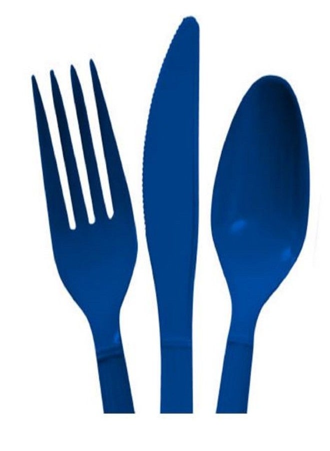 Party Blue Heavy Duty Plastic Cutlery Sets - 32 Spoons, 32 Forks, 32 Knives - 2 packs of 48 each, 96 pcs total - Image 2