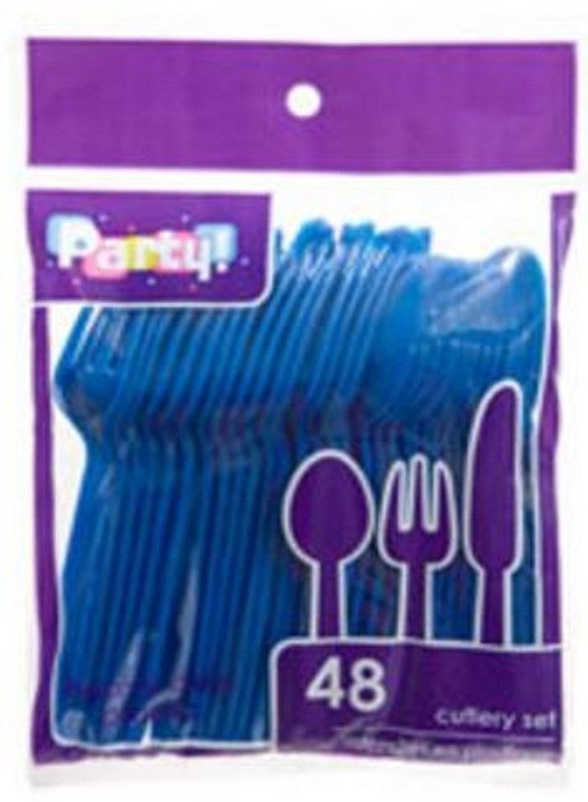 Party Blue Heavy Duty Plastic Cutlery Sets - 32 Spoons, 32 Forks, 32 Knives - 2 packs of 48 each, 96 pcs total - Image 3