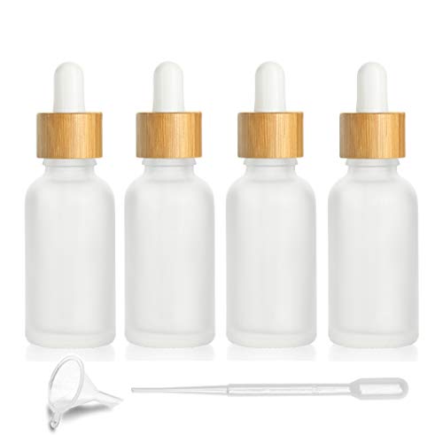 Furnido 4 Pcs Bamboo Frosted Glass Eye Dropper Bottle,Empty Essential Oil Bottles With Pure Glass Pipettes,Bamboo Cap Makeup Travel Cosmetic Sample Container-Pipette&Funnel included (30ml/1 Ounce) - Image 1