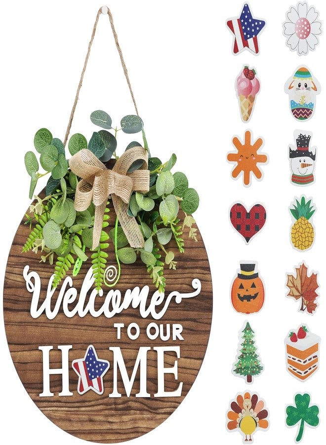 Gixie Home Interchangeable Seasonal Welcome Sign Front Door Decor, 12 Inch Round Wood Wreaths Wall Hanging Indoor Outdoor, Farmhouse, Rustic, Porch, for Spring Summer Fall All Seasons Holiday Home Decoration - Image 1