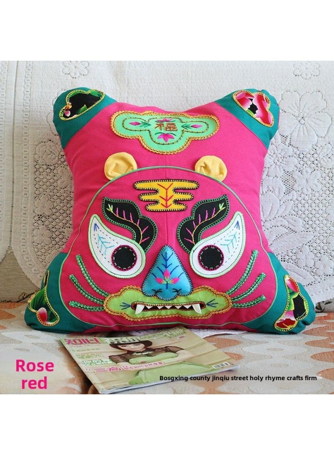 Pure Handmade Cotton Original Embroidery Tiger Pillow Cushion Sofa Pillow Fabric Pillow Special Wholesale-Specifications:Red - Image 2