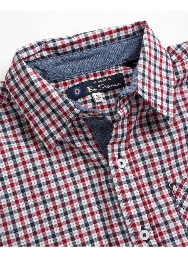 Ben Sherman - Ben Sherman Boys' Shirt - Short Sleeve Woven Button Down Shirt - Kids' Casual Collared Shirt for Boys (8-18), Size 8, Red Navy Plaid - Image 1