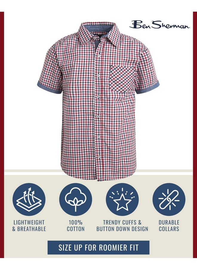 Ben Sherman - Ben Sherman Boys' Shirt - Short Sleeve Woven Button Down Shirt - Kids' Casual Collared Shirt for Boys (8-18), Size 8, Red Navy Plaid - Image 1