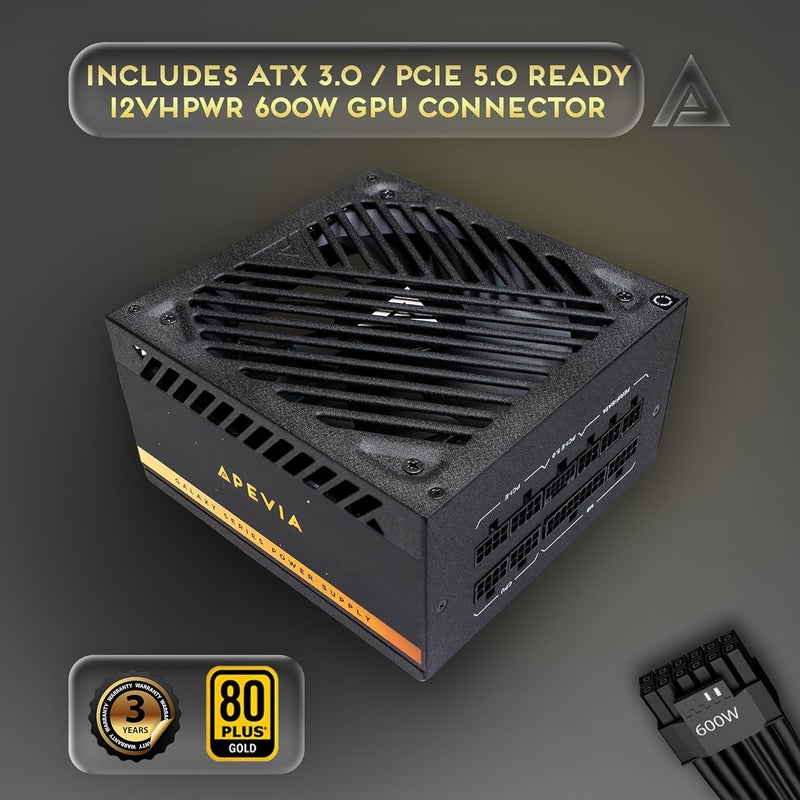 APEVIA ATX-GX1200W Galaxy 1200W Fully Modular 80+ Gold Certified, ATX 3.0 & PCIE 5.0 Ready Active PFC ATX Gaming Power Supply, Includes Gen 5 12VHPWR Connector - Image 3