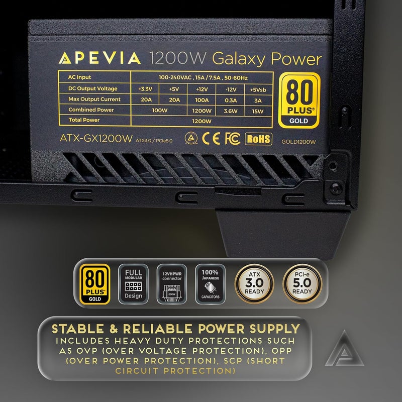 APEVIA ATX-GX1200W Galaxy 1200W Fully Modular 80+ Gold Certified, ATX 3.0 & PCIE 5.0 Ready Active PFC ATX Gaming Power Supply, Includes Gen 5 12VHPWR Connector - Image 5