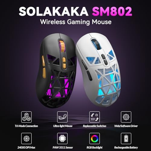 CORBOBO SOLAKAKA SM802 Wireless Gaming Mouse,24,000 DPI Max,Tri-Mode 2.4GHz/BT/Wired USB Rechargeable White Mouse with RGB,Programmable Macro Buttons,68g Lightweight Computer Mouse for Laptop/PC/Mac - Image 2