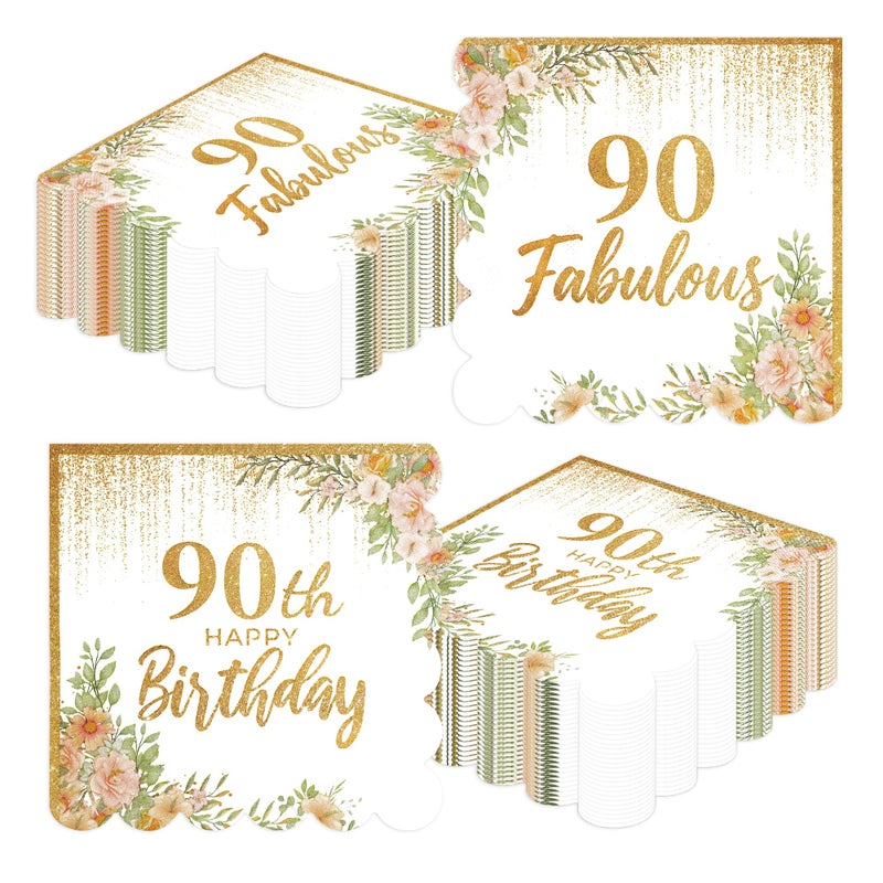 PUEVENYI 50Pcs 90th Birthday Scalloped Napkins - Rose and Gold Happy Birthday Paper Napkins Fabulous Double Sided Luncheon Napkins Disposable Party Napkins for Women Birthday Decorations - Image 1