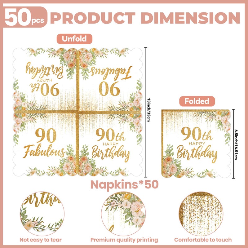 PUEVENYI 50Pcs 90th Birthday Scalloped Napkins - Rose and Gold Happy Birthday Paper Napkins Fabulous Double Sided Luncheon Napkins Disposable Party Napkins for Women Birthday Decorations - Image 2
