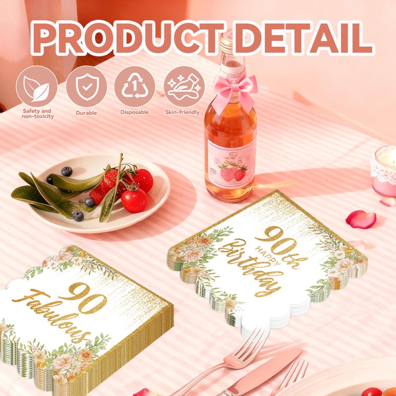 PUEVENYI 50Pcs 90th Birthday Scalloped Napkins - Rose and Gold Happy Birthday Paper Napkins Fabulous Double Sided Luncheon Napkins Disposable Party Napkins for Women Birthday Decorations - Image 3