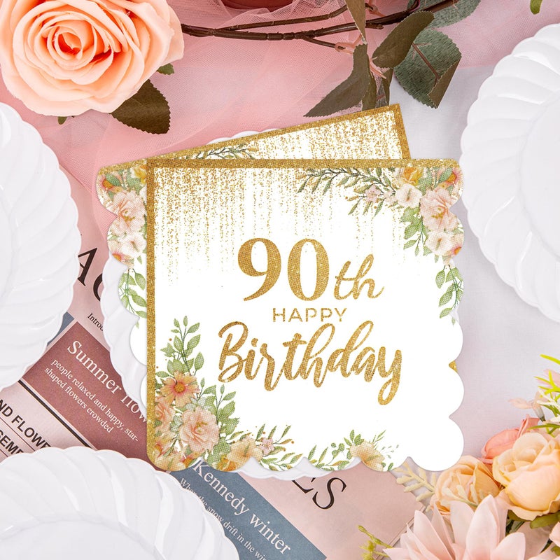 PUEVENYI 50Pcs 90th Birthday Scalloped Napkins - Rose and Gold Happy Birthday Paper Napkins Fabulous Double Sided Luncheon Napkins Disposable Party Napkins for Women Birthday Decorations - Image 4