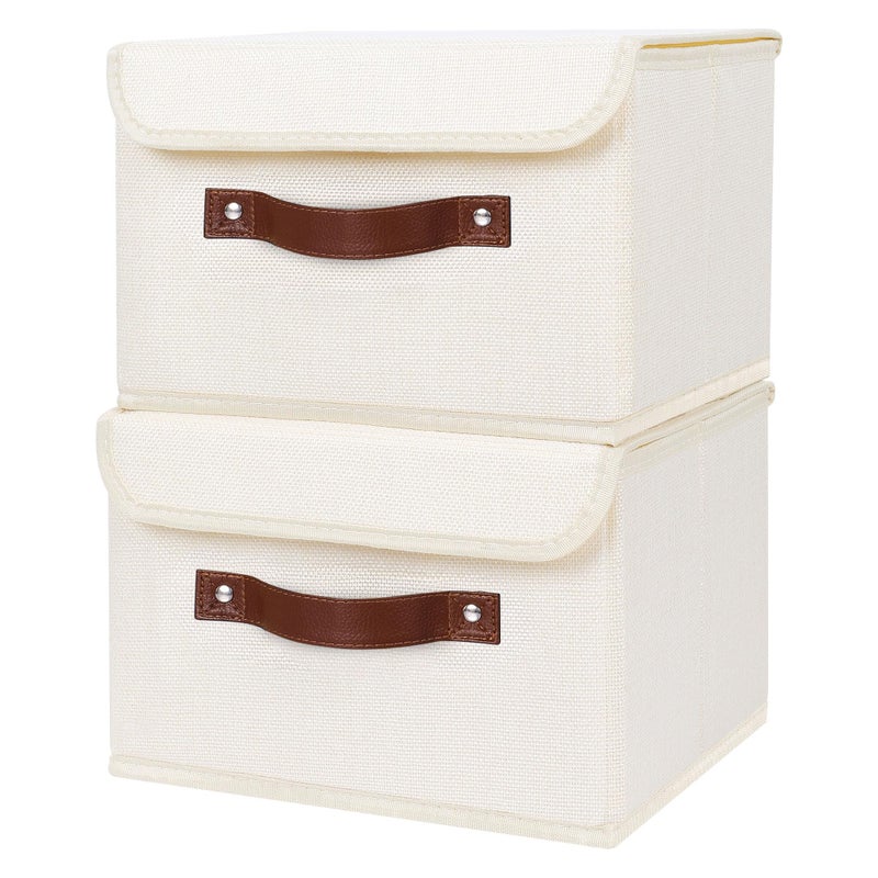 ANMINY 2PCS Storage Bins with Lid PU Leather Handles Storage Boxes PP Plastic Board Decorative Foldable Lidded Cotton Linen Fabric Home Cubes Baskets Closet Organizer Containers - Beige, Small Size - Image 2