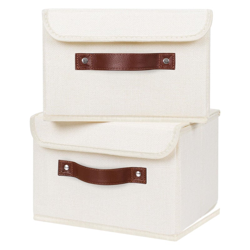 ANMINY 2PCS Storage Bins with Lid PU Leather Handles Storage Boxes PP Plastic Board Decorative Foldable Lidded Cotton Linen Fabric Home Cubes Baskets Closet Organizer Containers - Beige, Small Size - Image 1