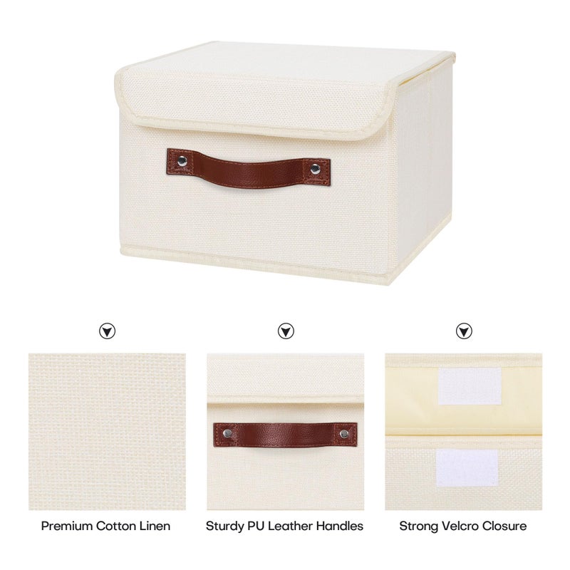 ANMINY 2PCS Storage Bins with Lid PU Leather Handles Storage Boxes PP Plastic Board Decorative Foldable Lidded Cotton Linen Fabric Home Cubes Baskets Closet Organizer Containers - Beige, Small Size - Image 3