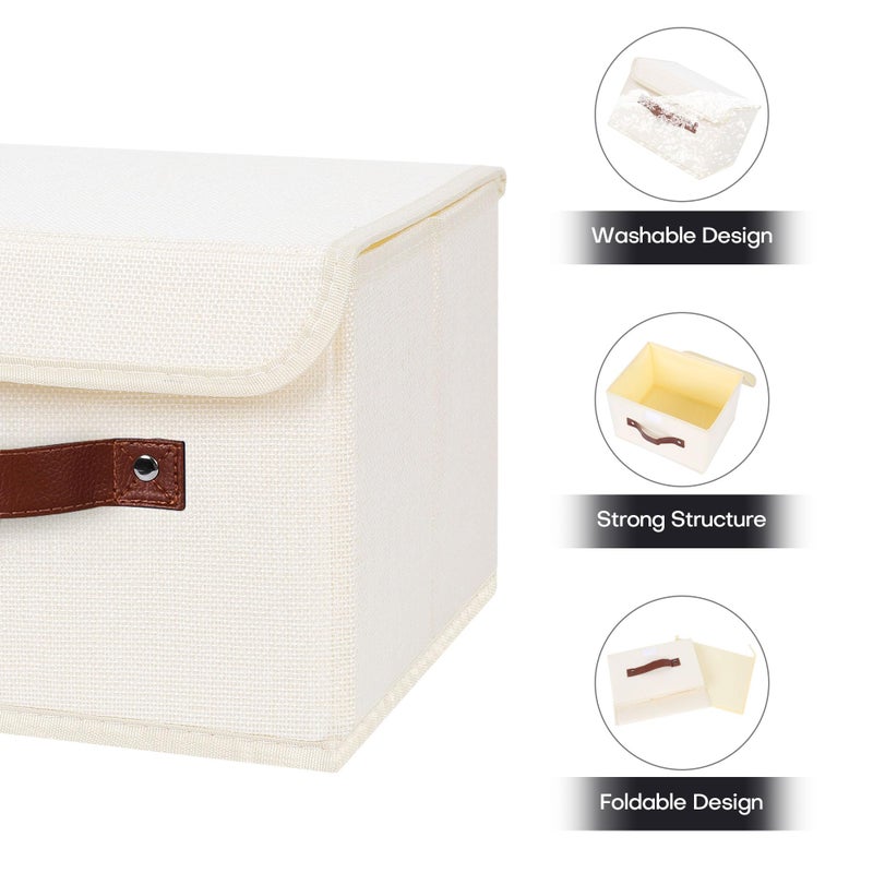 ANMINY 2PCS Storage Bins with Lid PU Leather Handles Storage Boxes PP Plastic Board Decorative Foldable Lidded Cotton Linen Fabric Home Cubes Baskets Closet Organizer Containers - Beige, Small Size - Image 4