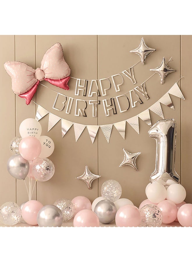 YelaJoy A Set of 36 Birthday Decorations That Includes a Bow-Shaped Foil Balloon, Latex Balloons in Pink and White, A “Happy Birthday” Banner, and a Silver-Colored Pennant Banner - Image 1