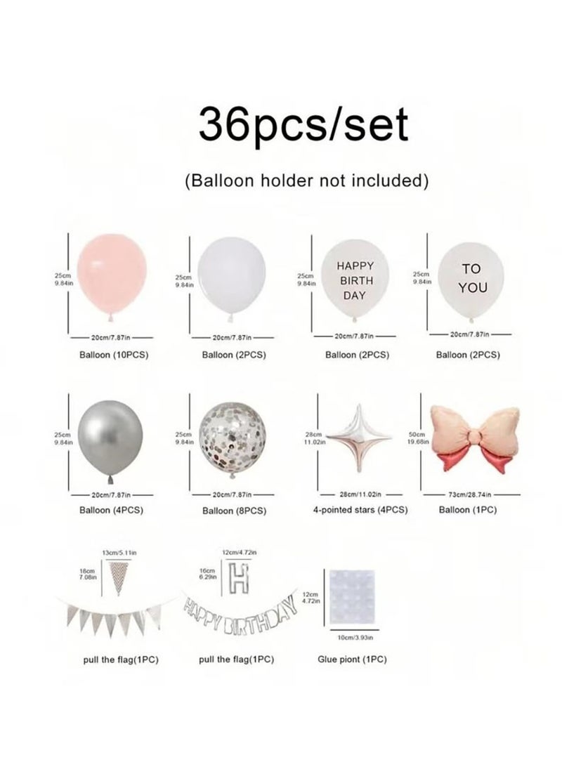 YelaJoy A Set of 36 Birthday Decorations That Includes a Bow-Shaped Foil Balloon, Latex Balloons in Pink and White, A “Happy Birthday” Banner, and a Silver-Colored Pennant Banner - Image 2